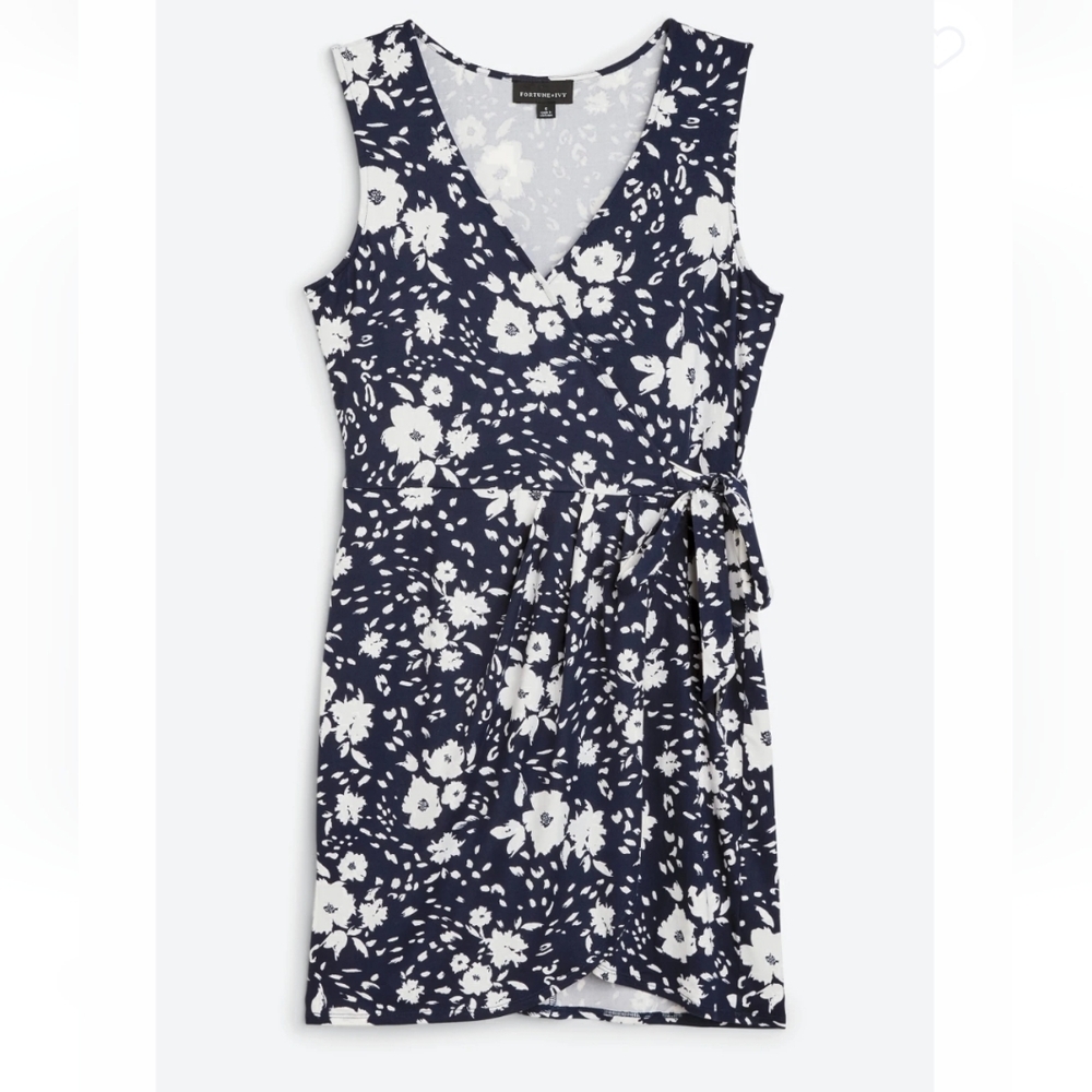 Floral Navy and White Dress - Faux Wrap Dress